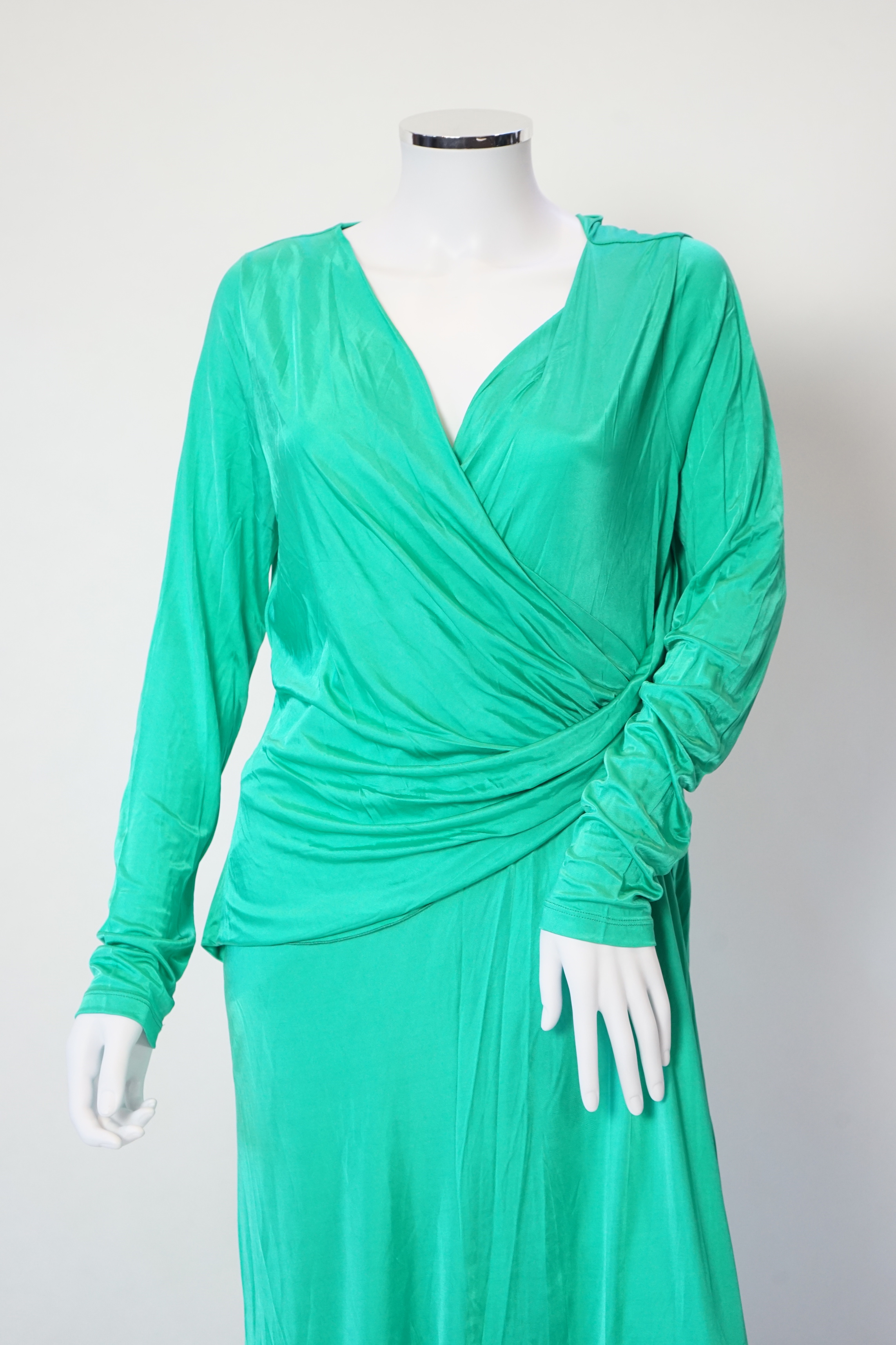 A Versace Collection green long dress and gold and yellow biker style jacket, dress size 52 and jacket size Medium